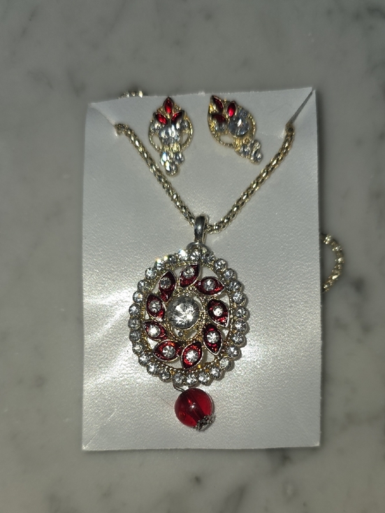Jewelry - NWOT Gold-Tone Red and Clear Crystal Pendant Necklace And Earring Set -